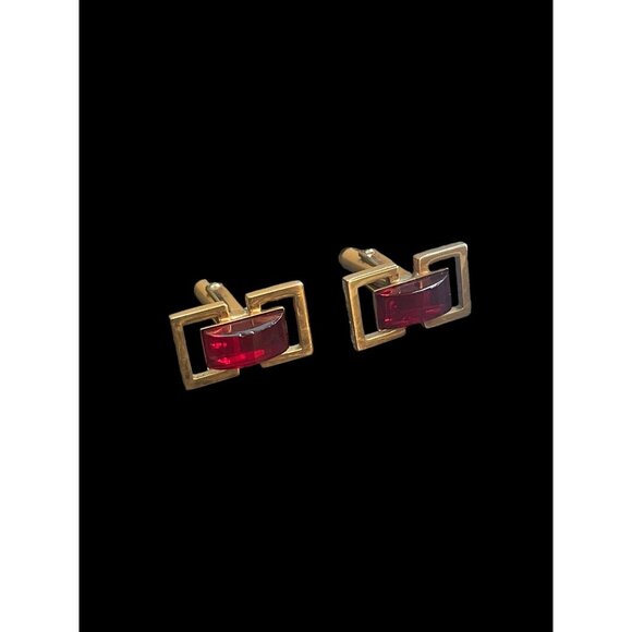 Vintage Gold Tone Cufflinks with Red Glass or Gemstone Inlay - Picture 1 of 5
